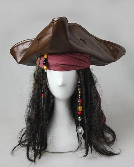 Piratenhut Kostuem Set mit Peruecke Perlen und rotem Bandana