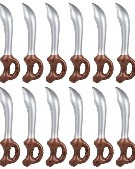 12 aufblasbare Piratensäbel Mitgebsel-Set, silberne Klinge mit braunem Totenkopfgriff, PVC
