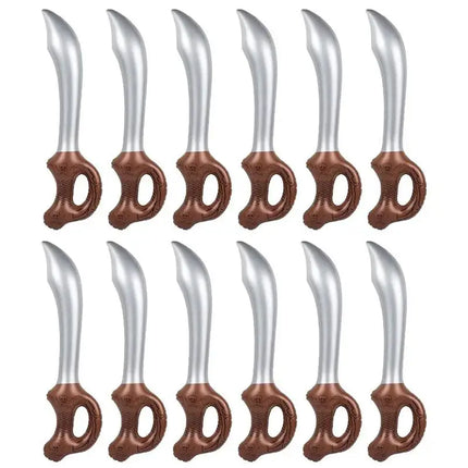12 aufblasbare Piratensäbel Mitgebsel-Set, silberne Klinge mit braunem Totenkopfgriff, PVC