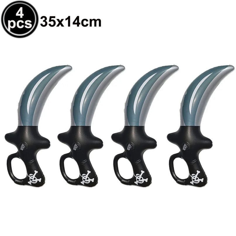 4 aufblasbare Piratensäbel Fastnacht-Set je 35x14cm, grau-silberne Klinge mit schwarzem Totenkopfgriff, PVC