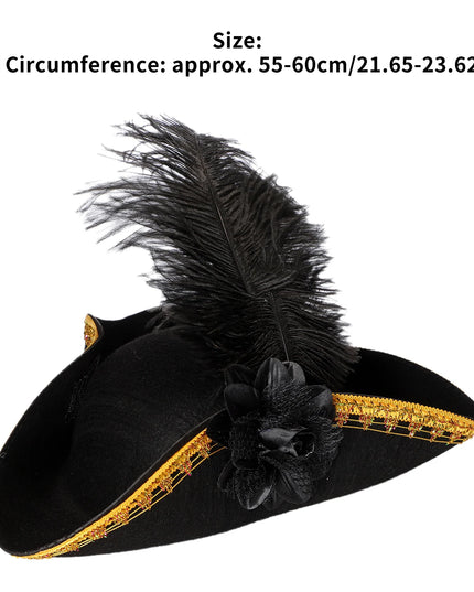 Piratenhut Damen Schwarz mit Feder Blume und Goldborte