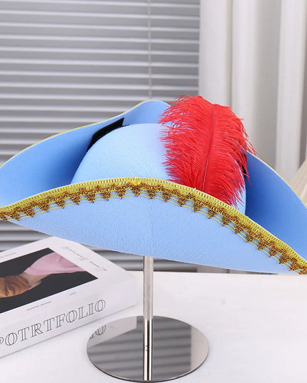 Piratenhut Blau Dreispitz mit roter Feder und Goldborte
