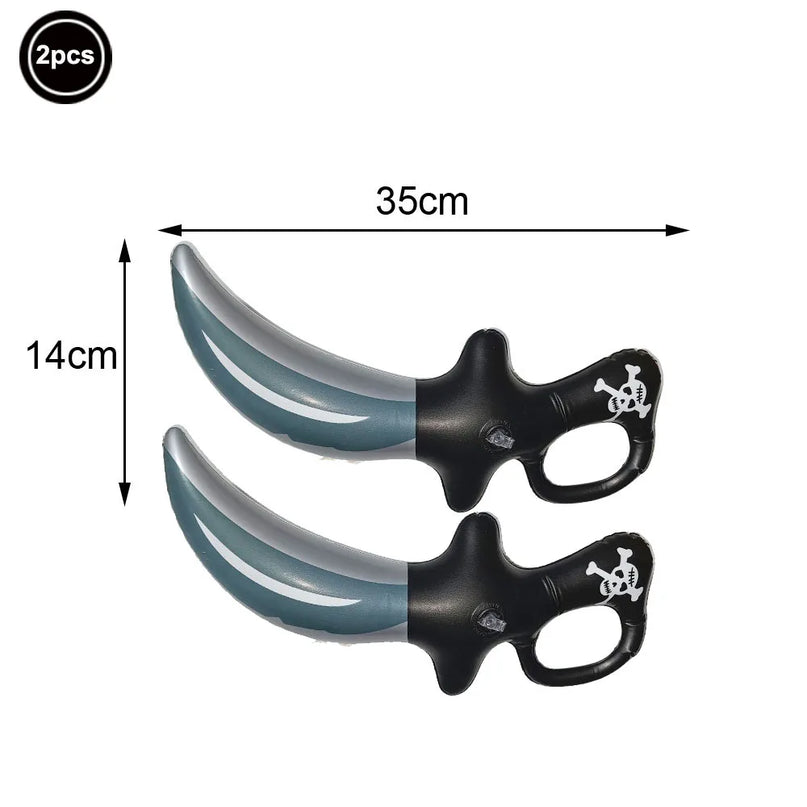 Piraten Säbel 2er Set aufblasbar, 2 Stuck je 35x14cm, grau-silberne Klinge mit schwarzem Totenkopfgriff