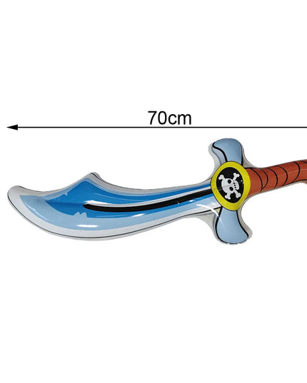 Aufblasbares Piratenschwert Halloween 70x24cm, blaue Klinge mit Totenkopf-Scheibe und orangem Griff, PVC