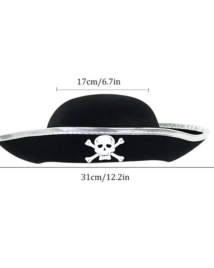 Piratenhut Kinder schwarz mit Totenkopf und silberner Borte Seitenansicht