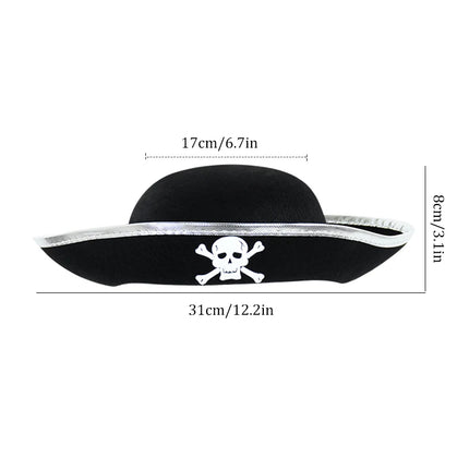 Piratenhut Kinder schwarz mit Totenkopf und silberner Borte Seitenansicht