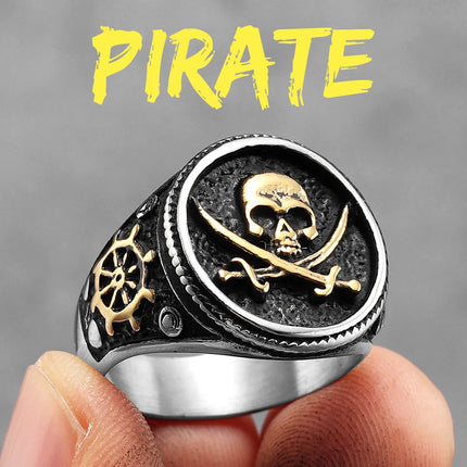 Goldener Piraten-Totenkopf Ring mit Sabeln