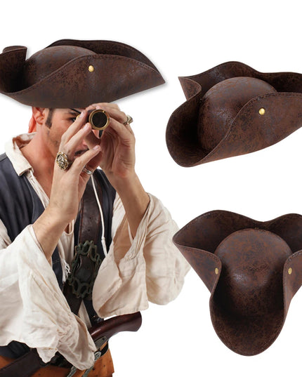 Piratenhut Herren Lederoptik Braun Dreispitz Vorderansicht