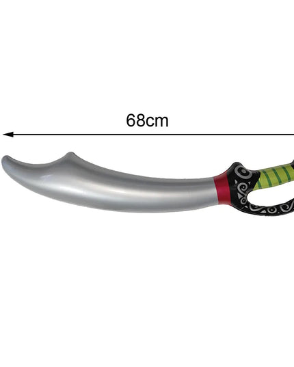 Aufblasbarer Kostum Säbel Pirat 68x14cm, silberne geschwungene Klinge mit schwarz-grunem Ornamentgriff, PVC