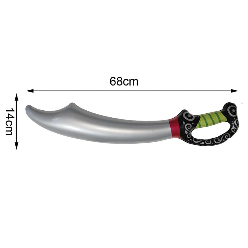 Aufblasbarer Kostum Säbel Pirat 68x14cm, silberne geschwungene Klinge mit schwarz-grunem Ornamentgriff, PVC