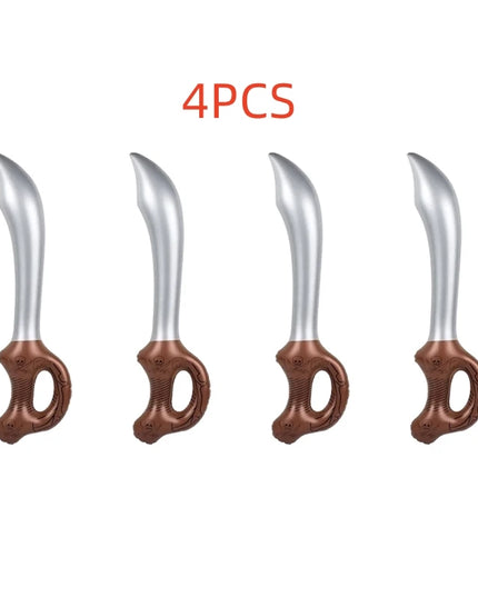 Piraten Säbel 4er Set aufblasbar, silberne Klinge mit braunem Totenkopf-Griff, PVC