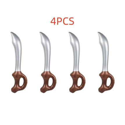 Piraten Säbel 4er Set aufblasbar, silberne Klinge mit braunem Totenkopf-Griff, PVC