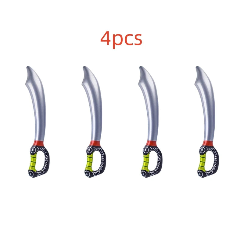 Aufblasbares Piratenschwert Set 4 Stuck, silberne Klinge mit schwarz-grunem Ornament-Griff, PVC