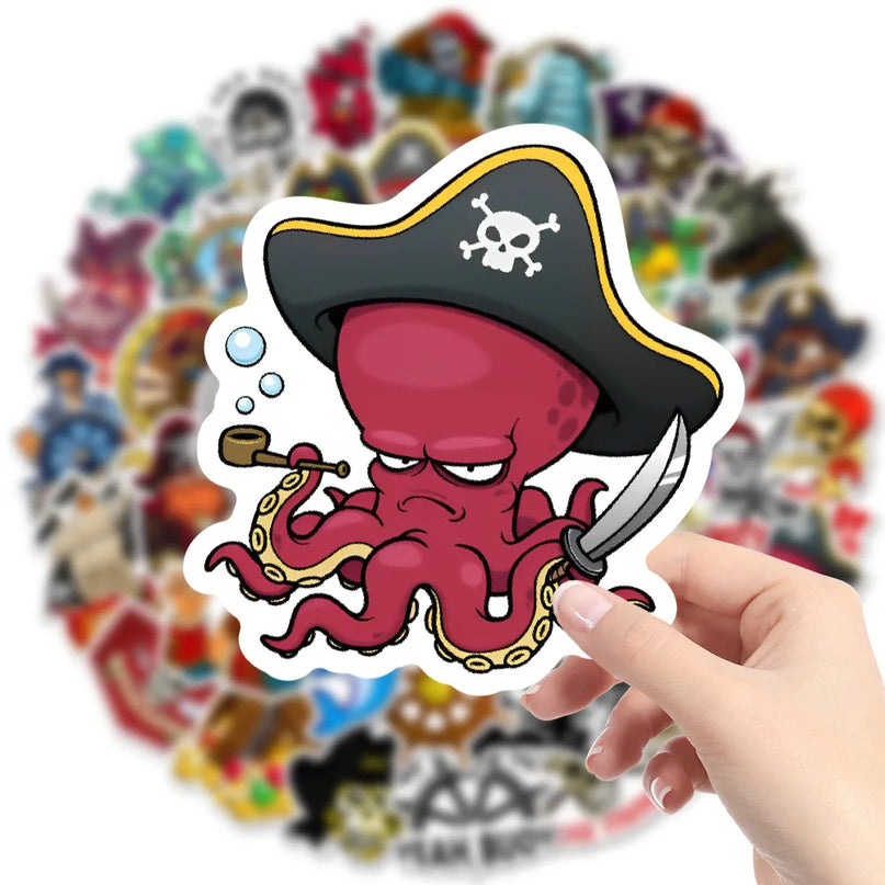 50 Piraten Sticker auf Laptop und Gepaeck Anwendung