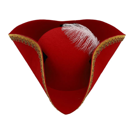 Piratenhut Frau rot Metallic-Borte Dreispitz mit Feder