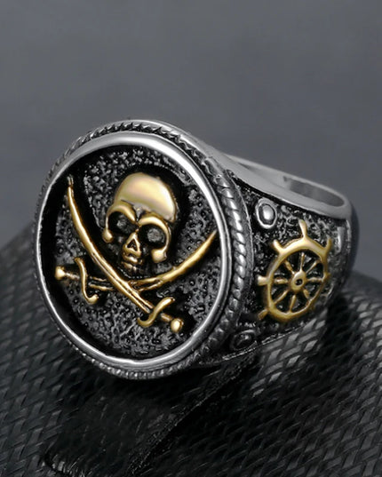Bicolor Piraten-Ring mit Totenkopf