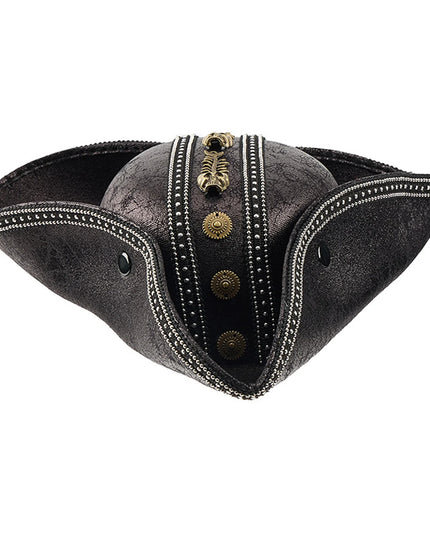 Piratenhut vintage schwarz PU-Leder Totenkopf Messing Frontansicht