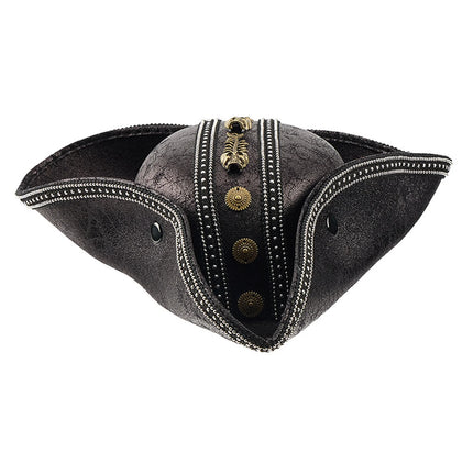 Piratenhut vintage schwarz PU-Leder Totenkopf Messing Frontansicht