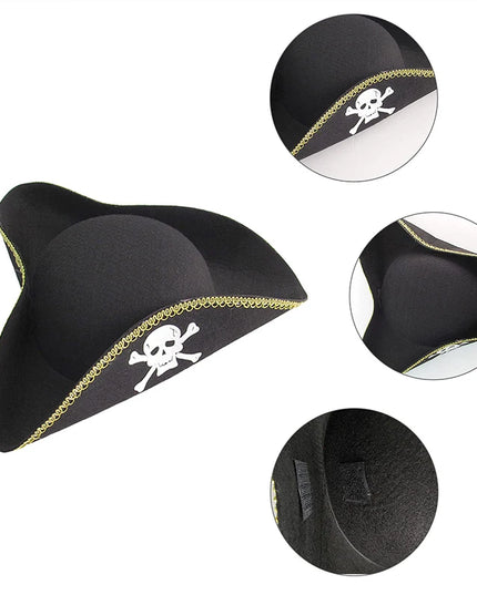 Piratenhut Dreispitz schwarz Seitenansicht Goldverzierung