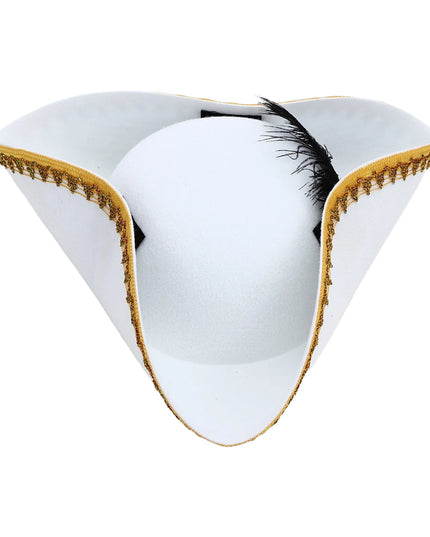 Piratenhut Dreispitz weiss mit goldener Zierborte und Feder