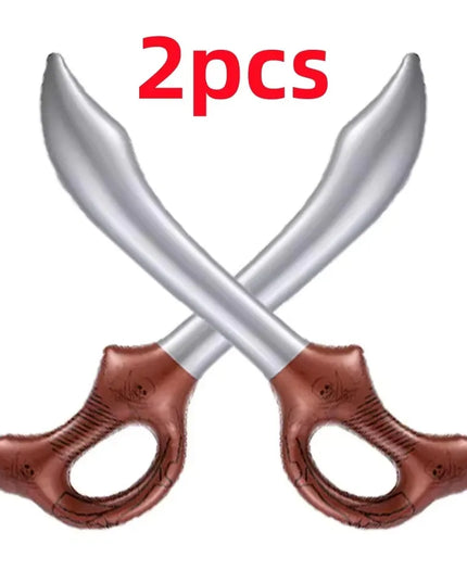 2 aufblasbare Piraten Deko Säbel silber, breite Klinge mit braunem Totenkopf-Griff, gekreuzt, PVC