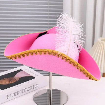Piratenhut Frauen pink Dreispitz mit weisser Feder und Goldborte