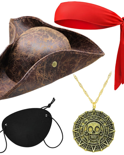 Piratenhut Set Erwachsene braun mit Augenklappe Bandana Medallion