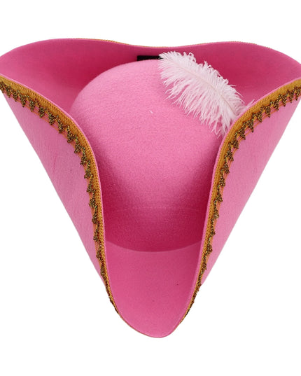 Piratenhut fuer Frauen rosa Filz Dreispitz mit Goldborte und Feder