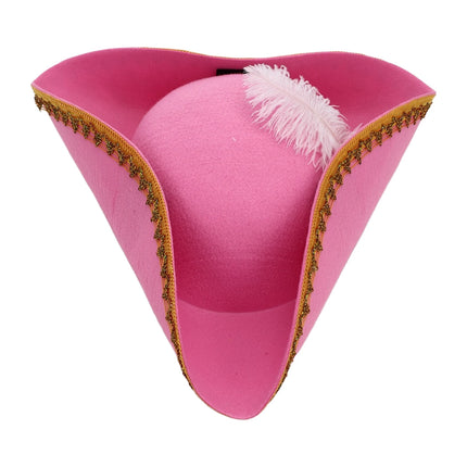 Piratenhut fuer Frauen rosa Filz Dreispitz mit Goldborte und Feder