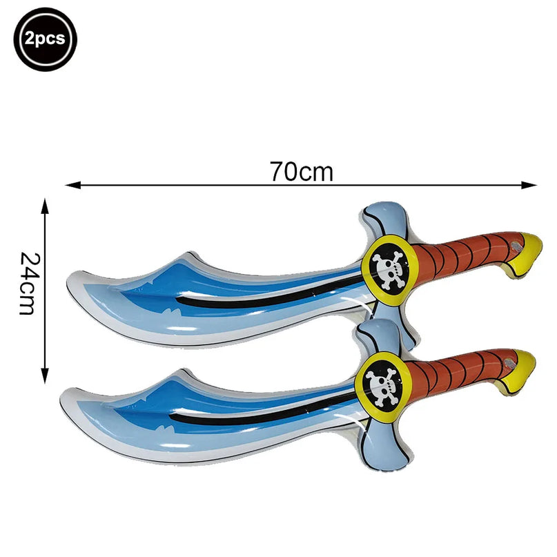 2 blaue aufblasbare Piratensäbel Fasching je 70x24cm, Totenkopf-Parierscheibe, orangebrauner Griff, PVC